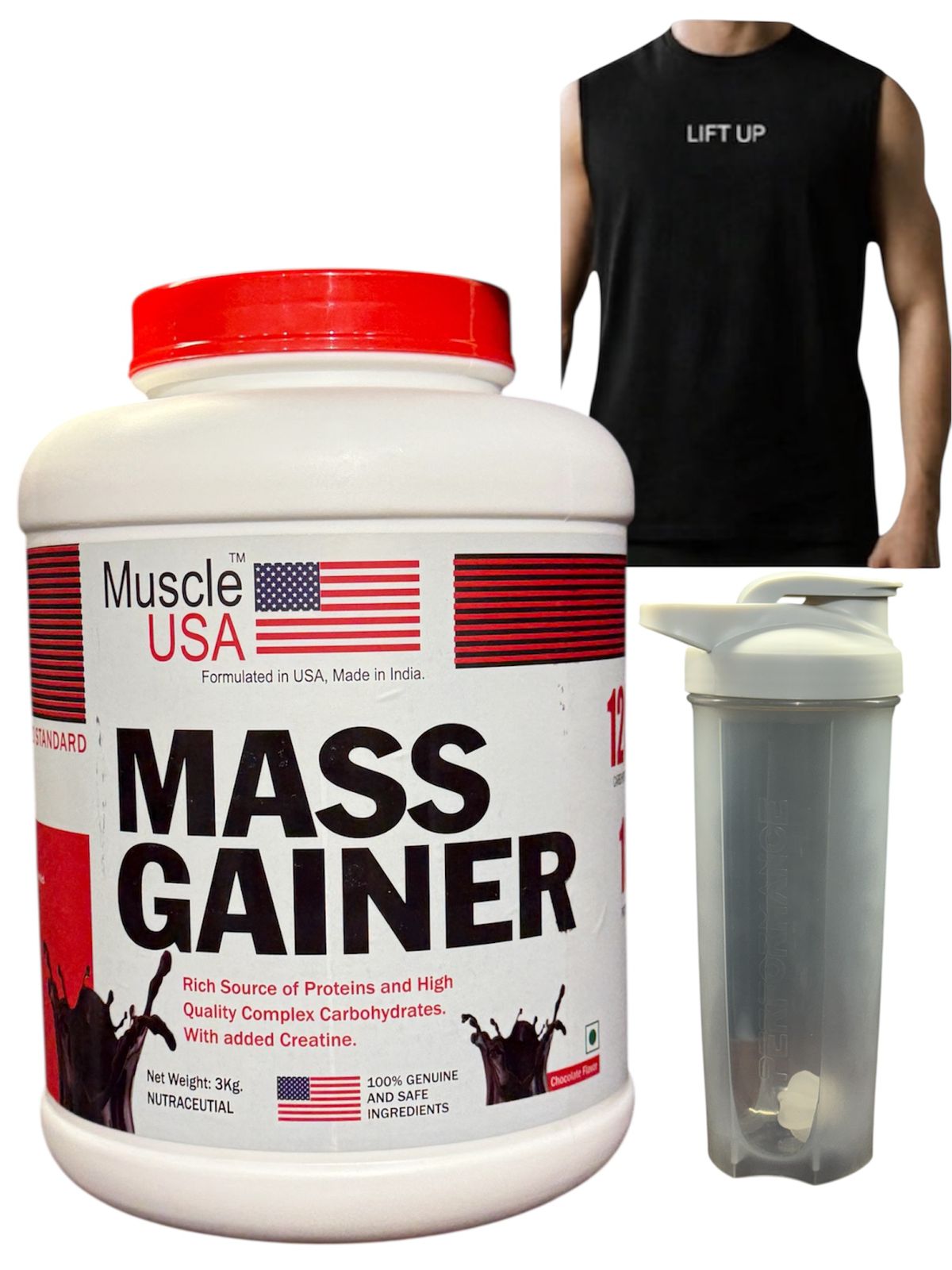 MUSCLE USA MASS GAINER 3KG WITH SHIRT AND SHAKER GIFT